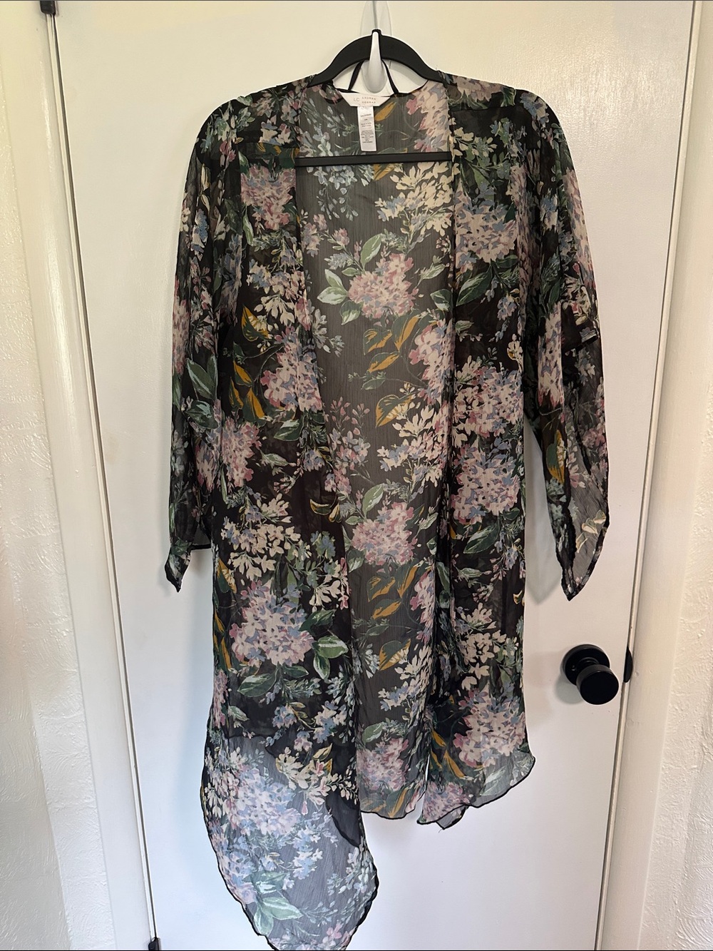 LC Lauren Conrad Black Floral Sheer Cover-Up with Pink and Green Blooms OS